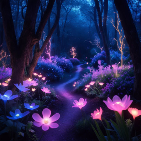 Purple flowers in the forest at night. Fantasy nature background.の素材