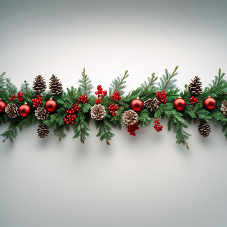 Christmas decoration with red baubles and pine cones on white backgroundの素材