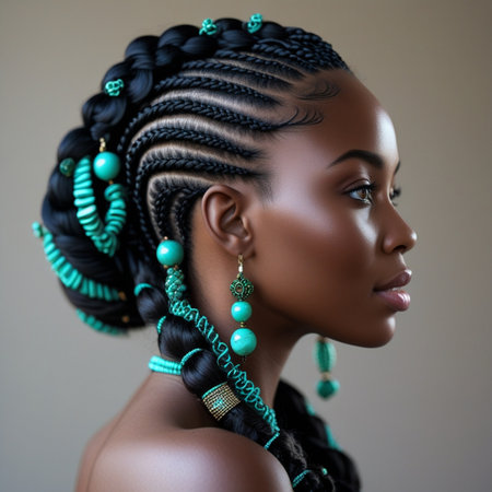 Portrait of a beautiful African-American woman with braids and earringsの素材