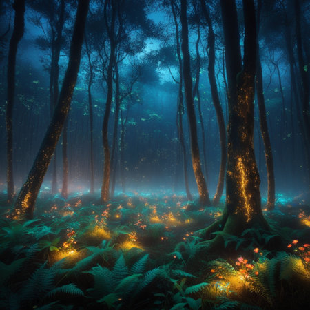 Fantasy forest with fog. 3D illustration. Fairy forest at nightの素材
