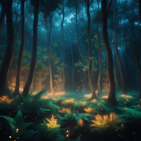 Fantasy forest with fog and light. 3d rendering toned imageの素材