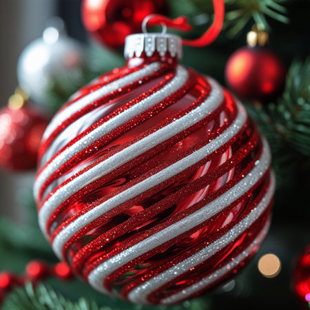 Closeup of red and white christmas ball decoration on christmas treeの素材