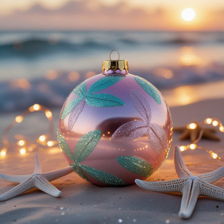 Christmas ball and starfish on the beach at sunset. Holiday conceptの素材