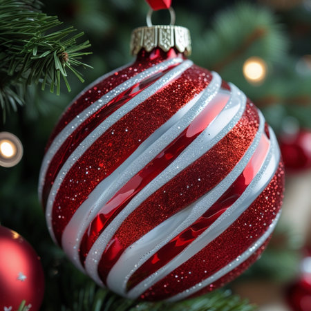 Closeup of red and white christmas bauble hanging on christmas treeの素材