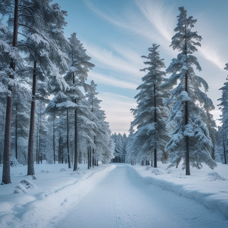 Winter road in the forest. Winter landscape with snow covered trees.の素材