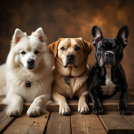 Group of dogs on a wooden background. Selective focus. Animal.の素材