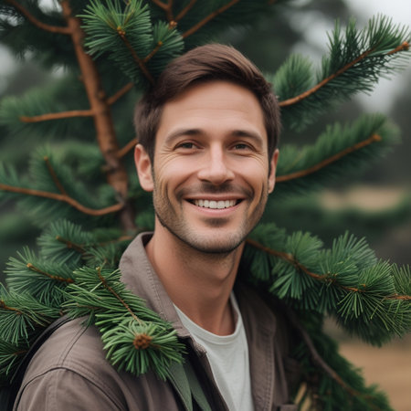 smiling young man looking at camera while holding christmas tree branchesの素材