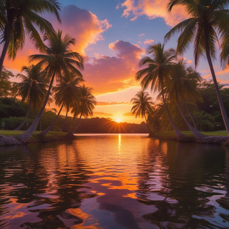Beautiful nature landscape with palm tree around swimming pool and sea around coconut palm tree at sunset or sunrise time for travel and vacationの素材