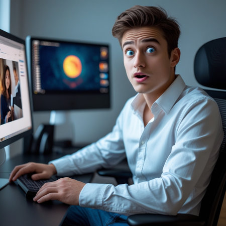 surprised young man sitting in front of computer monitor and looking at cameraの素材