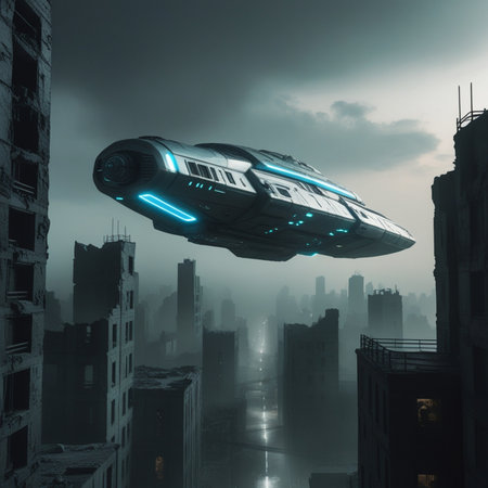 Futuristic spaceship flying over the city. 3D rendering.の素材