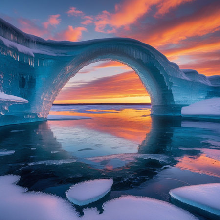 Beautiful winter landscape. Ice cave in the form of an archの素材