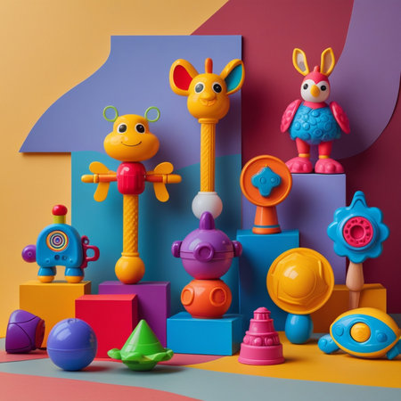 Children's toys in the form of a house on a colored backgroundの素材