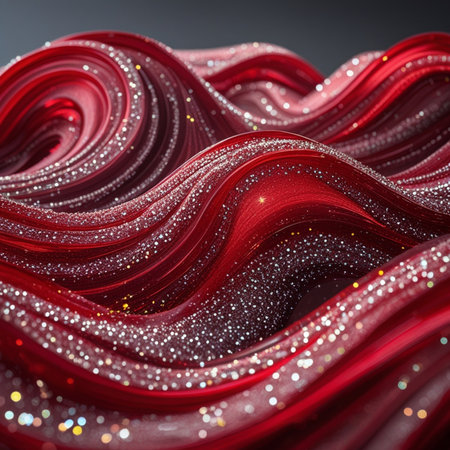 Red silk background with glitter and sparkles. Close-up.の素材