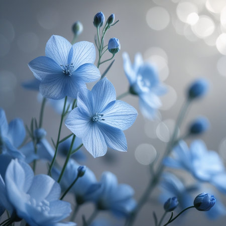 Beautiful blue flowers on a gray background with bokeh.の素材