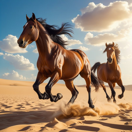 Two bay horses run gallop in the desert on blue sky backgroundの素材
