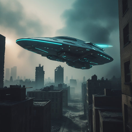 UFO flying over the city. Futuristic concept. 3D Renderingの素材