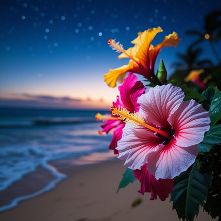 Hibiscus flowers on the beach with sunset sky background.の素材