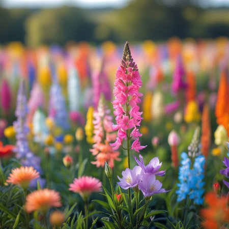 Colorful lupine flowers blooming in the field at sunsetの素材