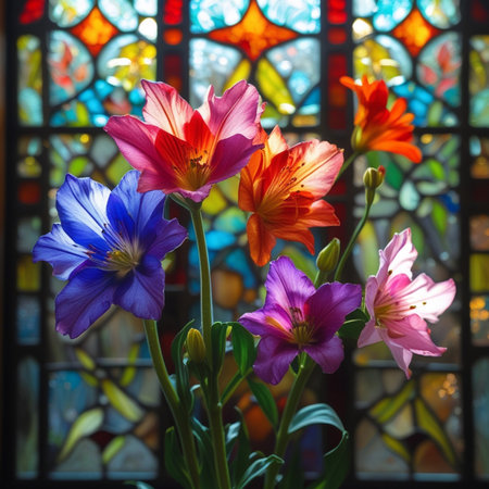 Colorful spring flowers in front of a stained glass window in a churchの素材
