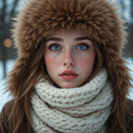 Portrait of a beautiful young girl in a fur hat and scarf on the background of the winter forestの素材