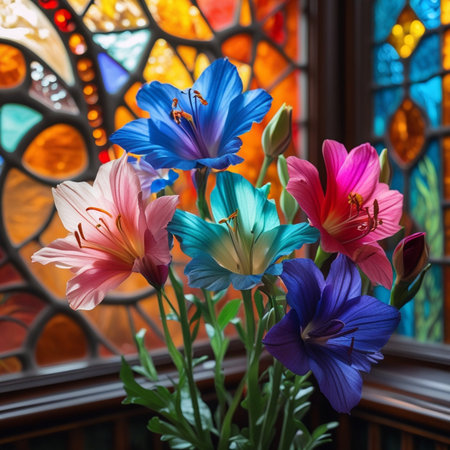 Bouquet of colorful lilies in a stained glass window.の素材