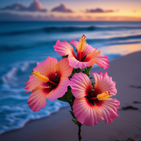 Pink hibiscus flower on the beach at sunset time.の素材
