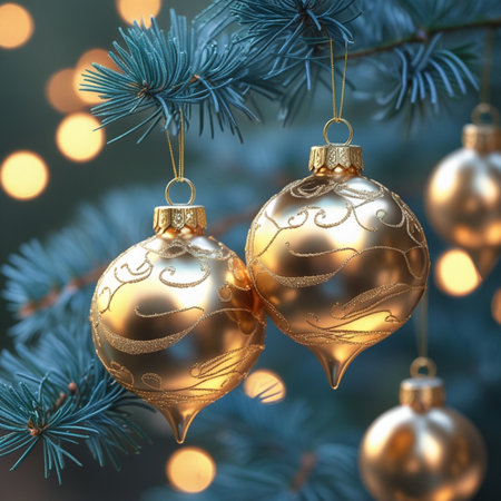 Golden Christmas balls on blue spruce branch, bokeh backgroundの素材