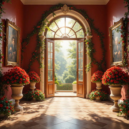The interior of the house is decorated with flowers. 3d renderの素材