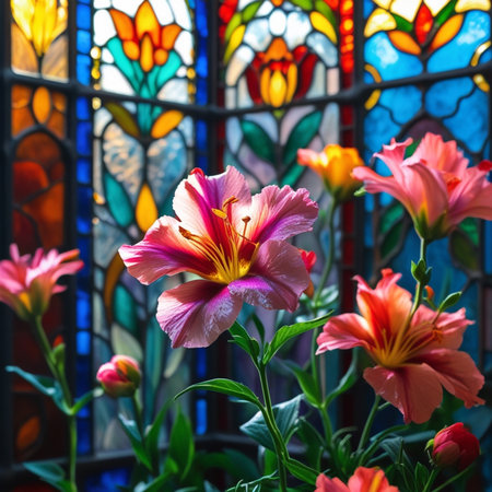 Colorful lilies in the stained glass window of a church.の素材