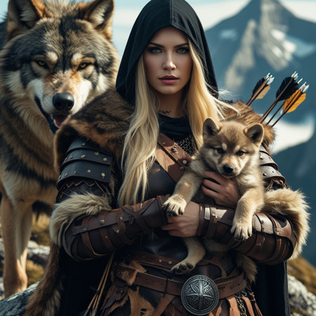 Beautiful woman in medieval costume with archer and wolf in the mountainsの素材