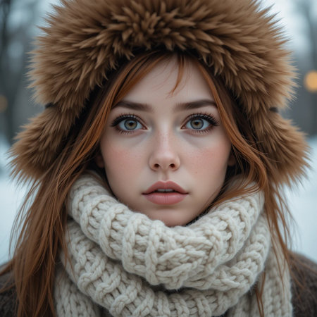 Portrait of a beautiful girl in a fur coat and scarf.の素材