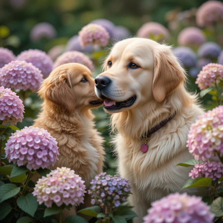 Two golden retriever puppies in pink hydrangea flowers.の素材