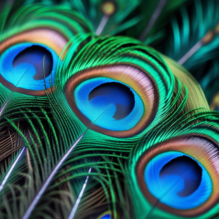 Beautiful peacock feathers close-up. Colorful background.の素材