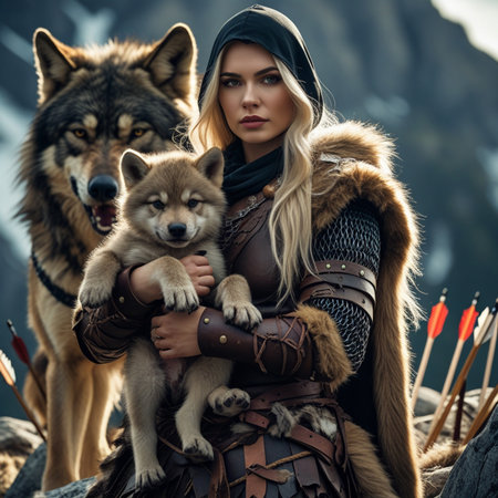 Beautiful woman warrior with dogs on the background of high mountains.の素材