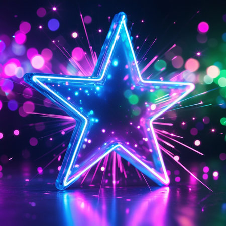 neon star with colorful bokeh background. 3d renderingの素材
