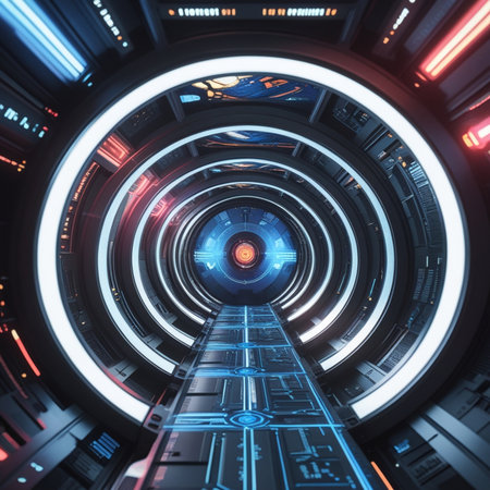 Futuristic tunnel corridor with glowing lights. 3D Renderingの素材