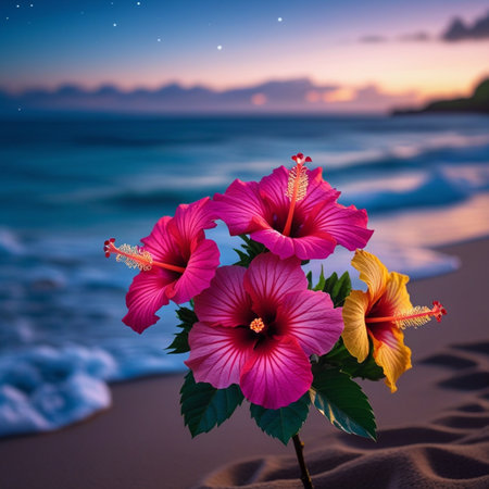 Hibiscus flowers on the beach at sunset. Travel concept.の素材