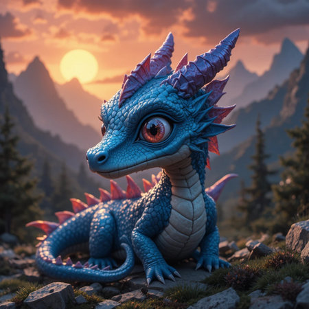 Fantasy dragon in the mountains at sunset. 3d rendering.の素材