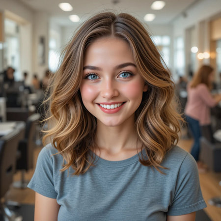 Portrait of beautiful young woman looking at camera and smiling in cafeの素材