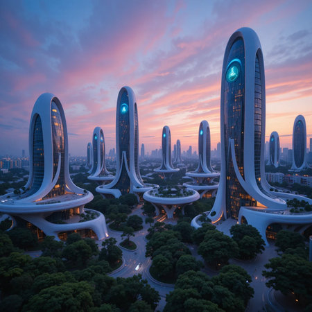 Aerial view of modern city at sunset in Shanghai,China.の素材