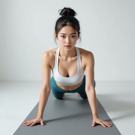 Young Asian woman doing yoga exercise on gray mat in studio.の素材