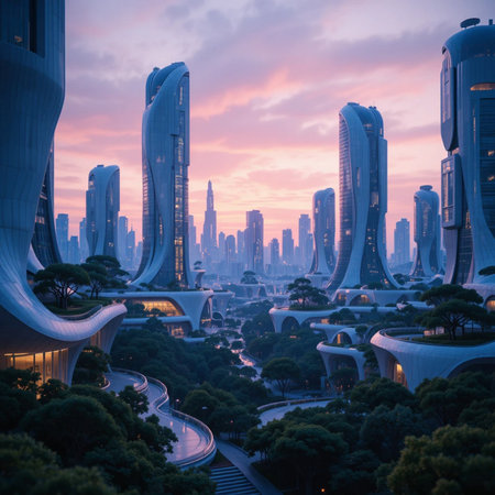 Aerial view of skyscrapers in Shanghai at sunset,China.の素材