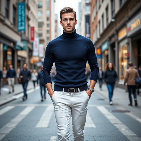 Handsome young man in a blue sweater and white pants posing in the city streetsの素材