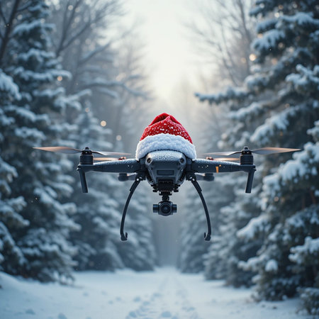 Drone flying in the winter forest. Flying drone with camera.の素材