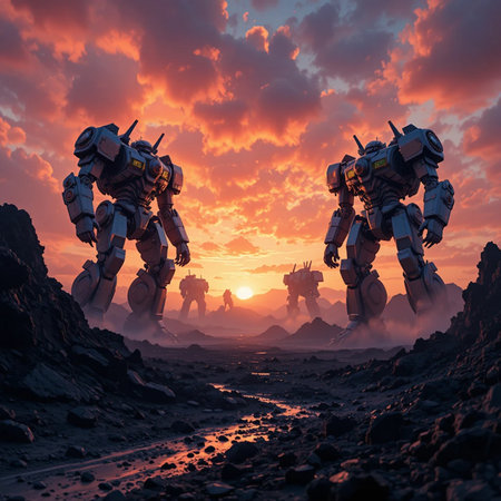 Astronaut and alien in the desert at sunset. 3d renderingの素材