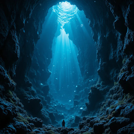 Man standing in underwater cave with rays of light coming from the holeの素材