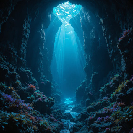 Underwater cave with sun rays coming out of it, underwater landscapeの素材