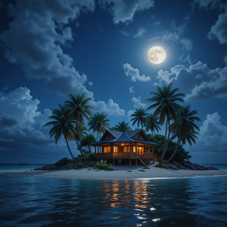 tropical house on the beach at night in full moon light.の素材