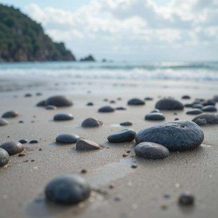 Pebbles on the beach with sea in the background, Phuket, Thailandの素材