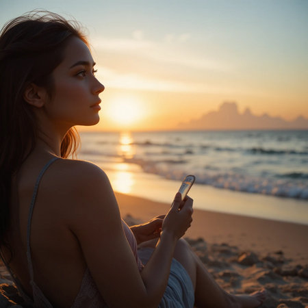 Beautiful young woman using mobile phone on the beach at sunset.の素材